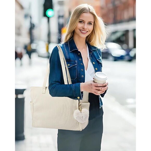 Women Beige Corduroy With Polyester Fiber Lining Shoulder Handbag with Pouch - Picture 8 of 8